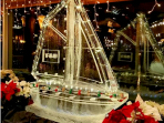 Sailboat with Ornaments Frozen in Hull and Christmas Lights on Sails 40x40 $600.00
